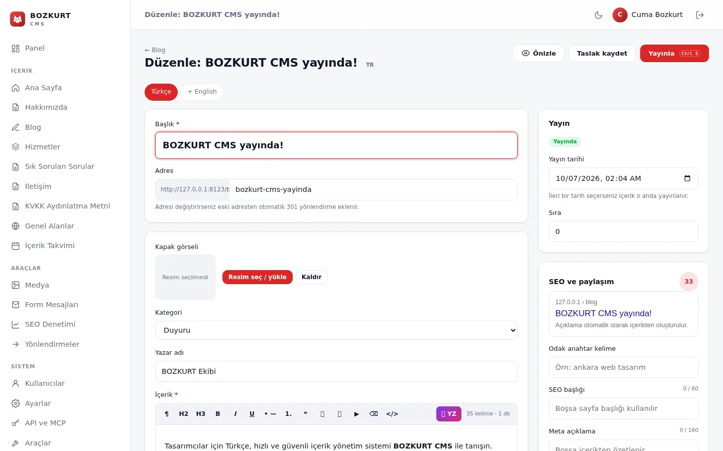 SEO panelli içerik düzenleyici