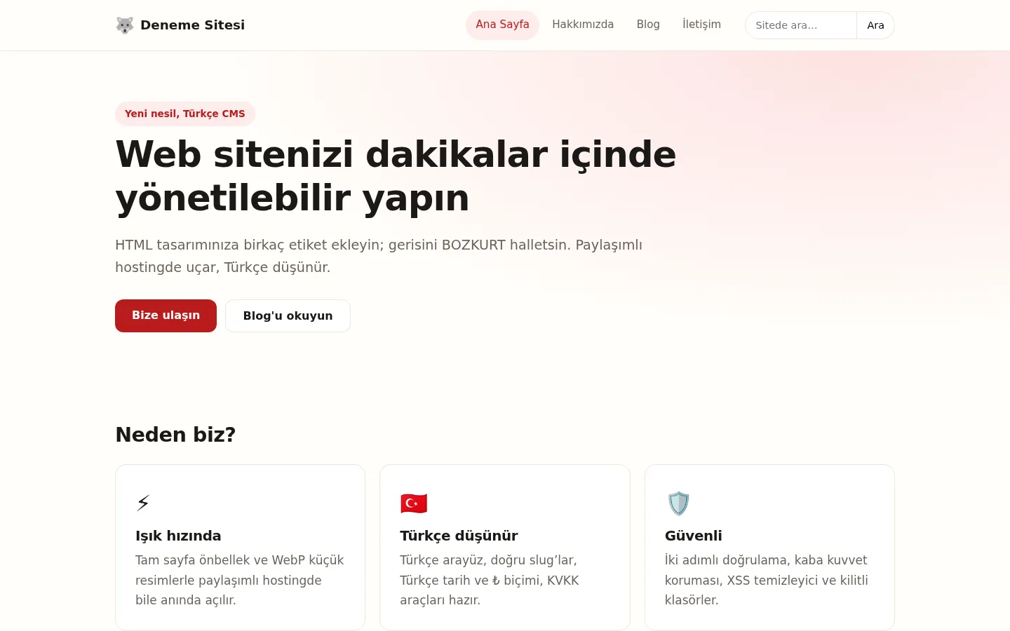 Paketle gelen demo şablonlarla web sitesi
